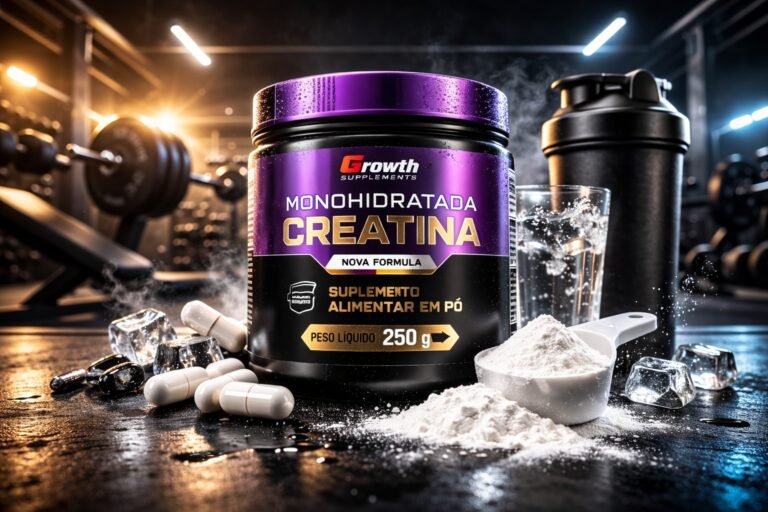 Pote de Creatina Growth monohidratada com scoop de pó ao lado em ambiente de academia, ilustrando análise sobre Creatina Growth é boa.