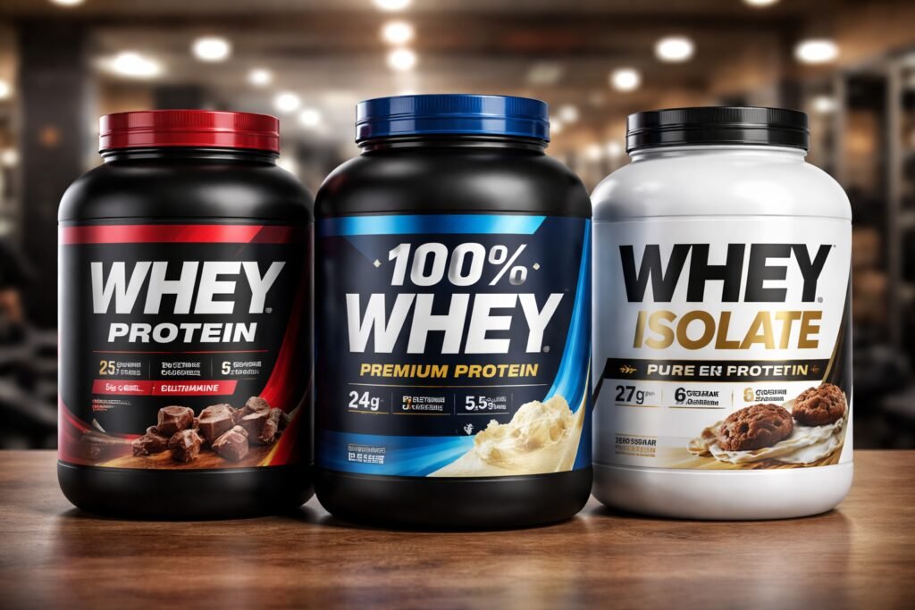 Melhor Whey Bom e Barato em 2026: Guia Completo de Custo-Benefício Melhor Whey Bom e Barato com três potes de whey protein diferentes lado a lado
