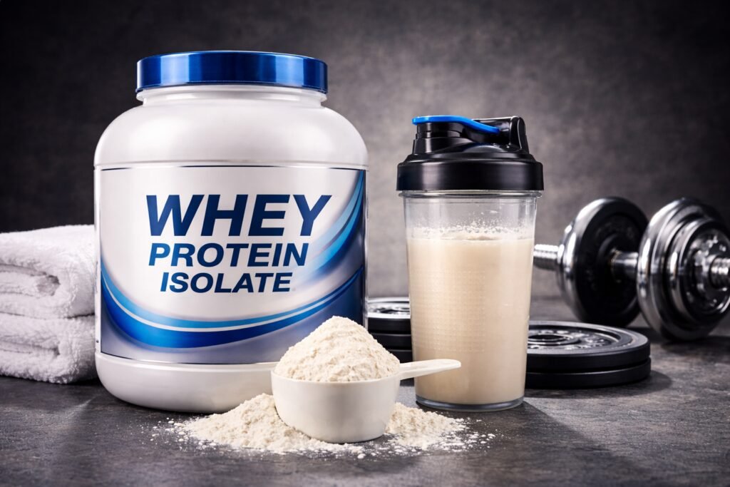 Melhor Whey Protein Isolado: Guia Completo para Escolher em 2026 Melhor whey protein isolado em pote com scoop e shake proteico ao lado, imagem horizontal para artigo fitness