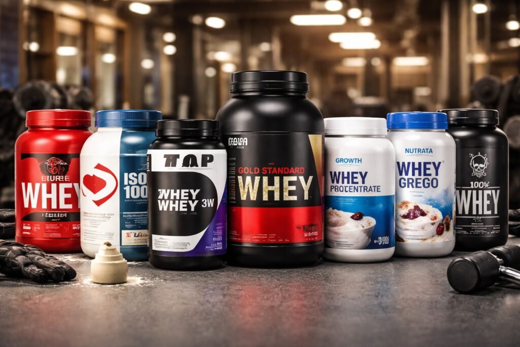Qual a Melhor Marca de Whey Protein – potes das principais marcas de whey protein alinhados sobre bancada de academia.