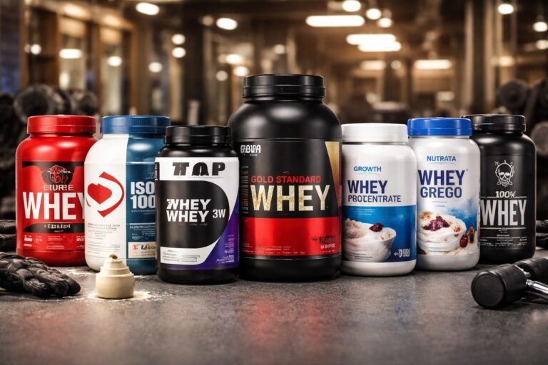 Qual a Melhor Marca de Whey Protein – potes das principais marcas de whey protein alinhados sobre bancada de academia.