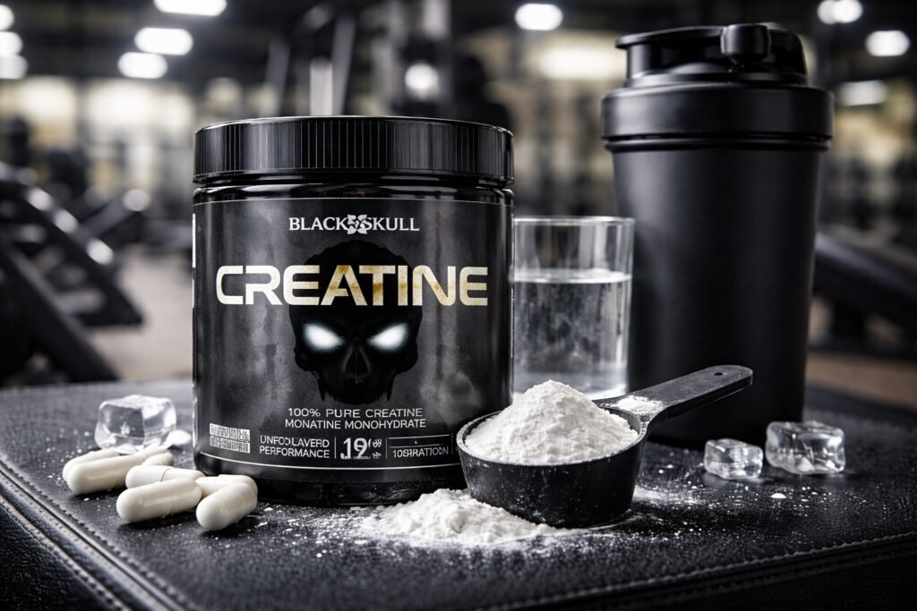 Creatina Black Skull é boa? Análise das 4 versões da marca em 2026 Pote de Creatina Black Skull sobre bancada de academia com scoop de pó ao lado, ilustrando análise sobre Creatina Black Skull é boa.
