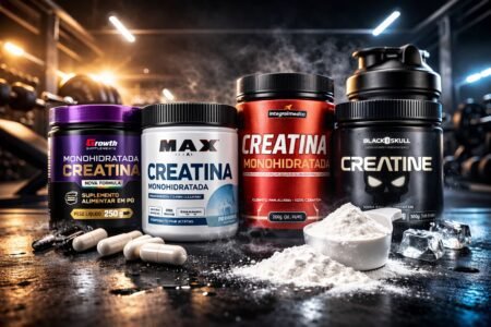 Potes de diferentes marcas de creatina monohidratada alinhados em bancada de academia com scoop de pó ao lado, representando as melhores marcas de creatina.