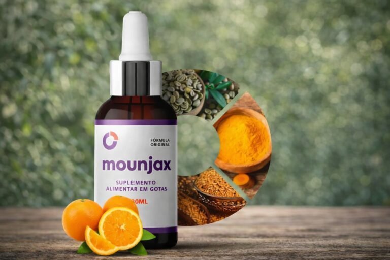 Mounjax funciona? O que é, para que serve e como usar o suplemento Frasco do suplemento alimentar em gotas Mounjax com laranjas e ingredientes naturais ao fundo – mounjax funciona