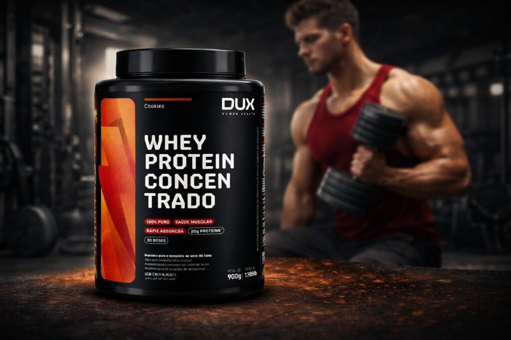 Whey Protein Dux é bom? Pote de whey protein concentrado Dux Human Health sabor cookies, embalagem preta de 900g em ambiente de academia.