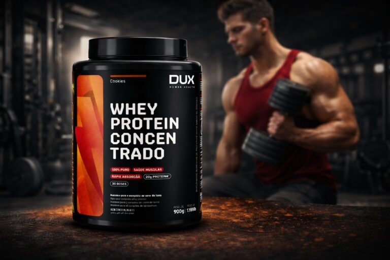 Whey Protein Dux é bom? Pote de whey protein concentrado Dux Human Health sabor cookies, embalagem preta de 900g em ambiente de academia.