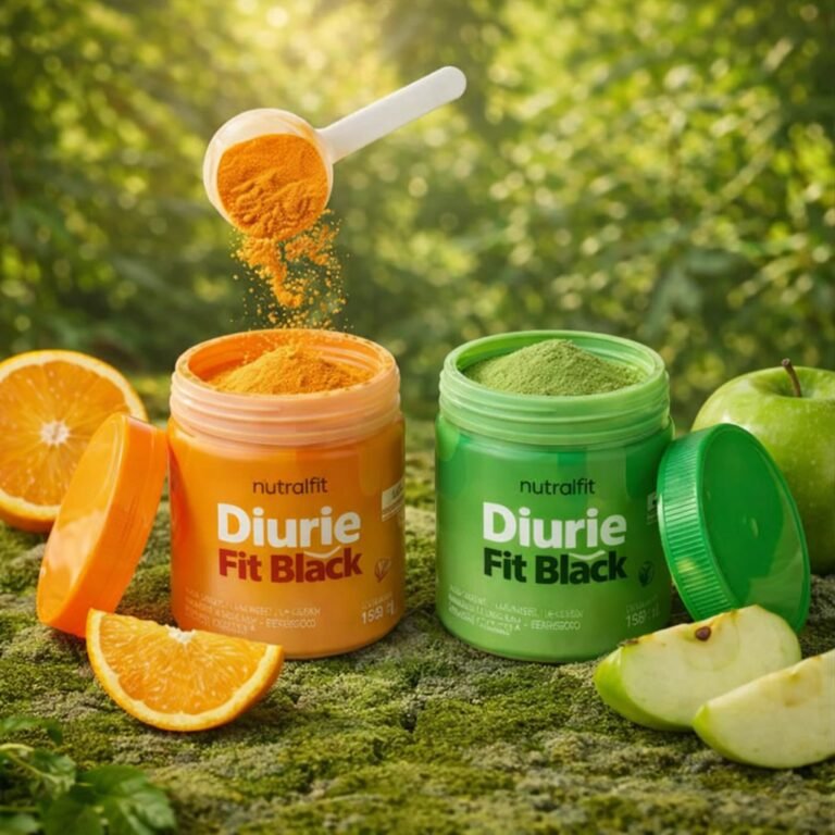 Potes do suplemento Diuriefit sabor laranja e maca verde, po natural vegano para diluir em agua, com colher de medida
