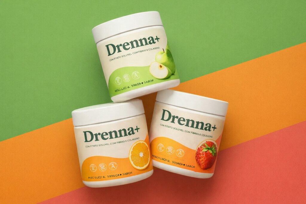 Drenna+ funciona? Fórmula, preço e depoimentos reais Potes do suplemento Drenna+ com sabores maca verde, laranja e morango sobre fundo colorido verde, laranja e rosa - Drenna+ funciona