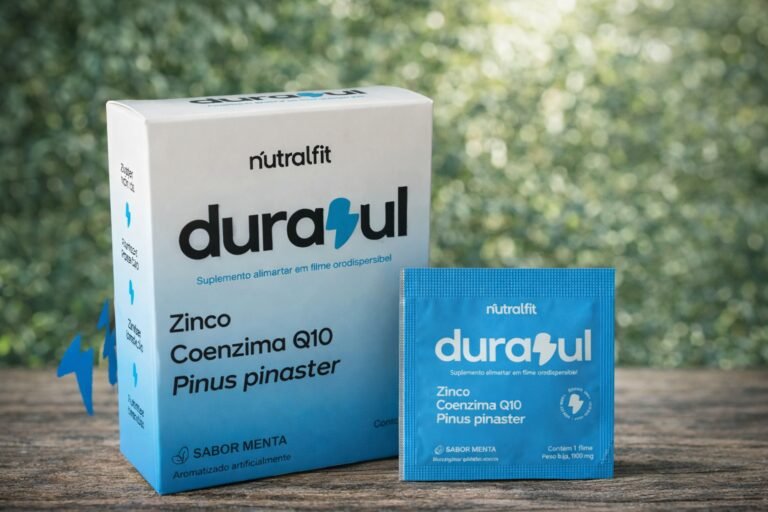 Durazul Funciona Mesmo? Preço, Ingredientes e Para Quem é Indicado Suplemento Durazul da Nutralfit com caixa e sachê em fundo natural desfocado – durasul funciona