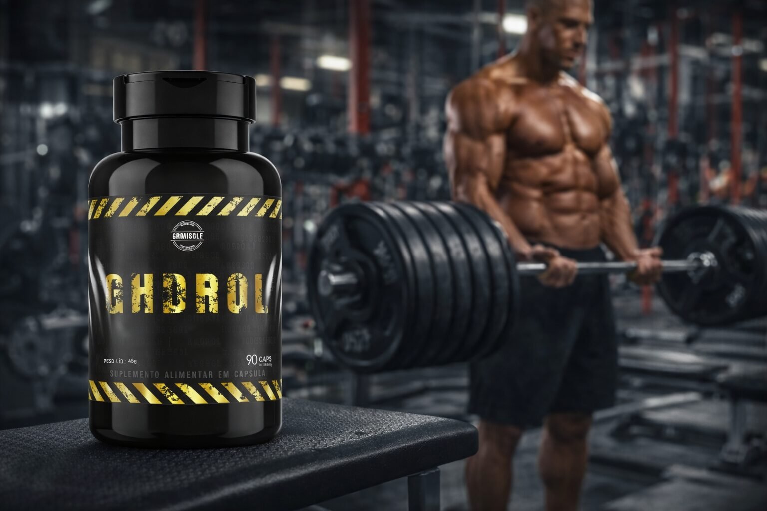 Frasco do suplemento GHDROL da Ghmuscle sobre banco de academia, com atleta levantando peso ao fundo