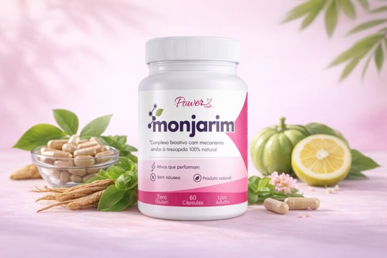 Monjarim funciona? O que é, para que serve e como tomar o suplemento Suplemento natural Monjarim em frasco com cápsulas ao redor e ingredientes naturais, ilustrando como o monjarim funciona no apoio ao controle de peso e metabolismo.
