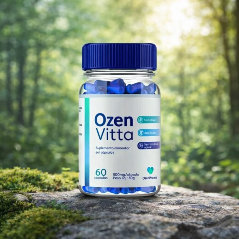 Ozenvitta Funciona Mesmo? Preço, Ingredientes e Para Quem é Indicado Ozenvitta funciona? Frasco do suplemento Ozen Vitta com cápsulas azuis usado como apoio ao emagrecimento e controle do apetite.