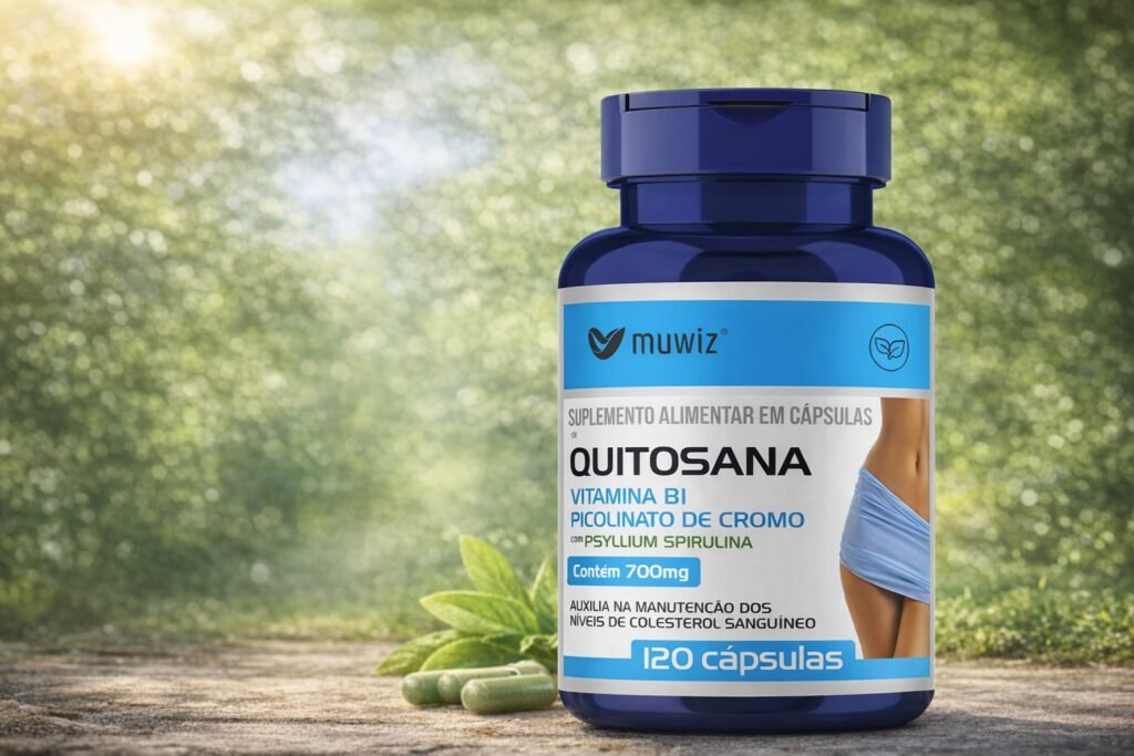 Quitosana para que serve: suplemento alimentar em cápsulas com psyllium, spirulina e picolinato de cromo em frasco azul.