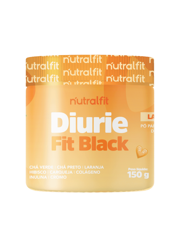 Pote do suplemento Diuriefit sabor laranja, com chá verde, cromo, carqueja e colágeno na fórmula