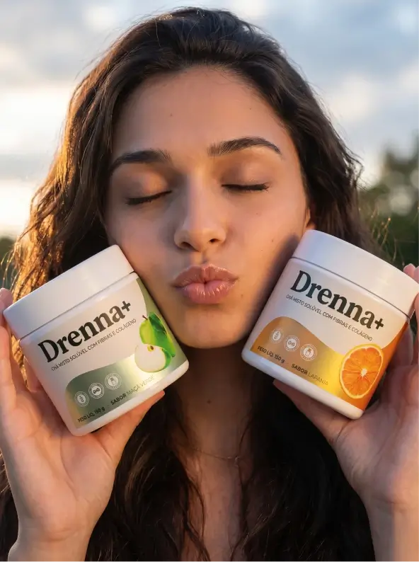 Foto real dos dois potes do suplemento Drenna+, sabores laranja e maçã verde, lado a lado