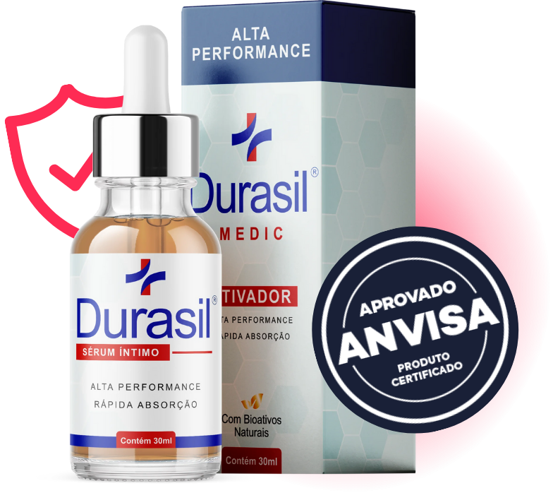Frasco conta-gotas e caixa do Durasil, sérum íntimo masculino, sobre fundo branco