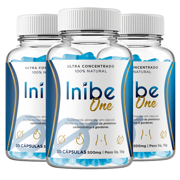 Kit com tres potes do suplemento Inibe One Turbo, capsulas azuis, foto real do produto do fabricante