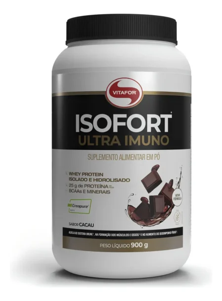Pote de Whey Protein Vitafor Isofort Ultra Imuno 900g sabor Cacau