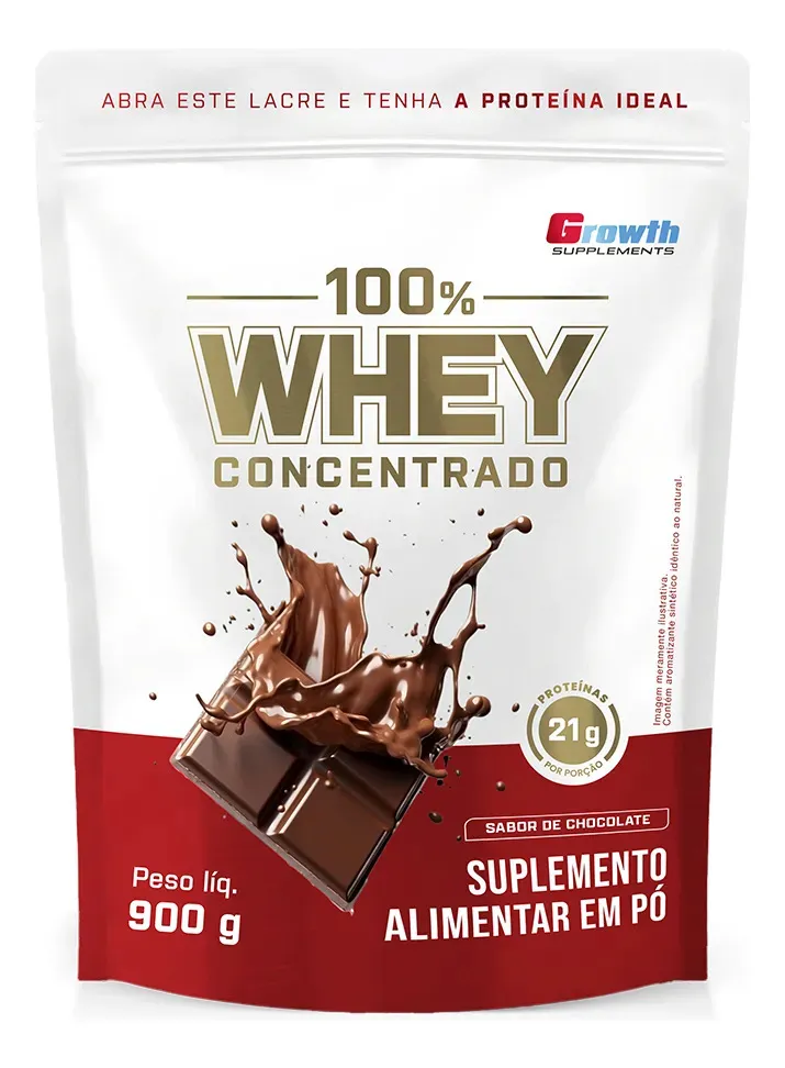 Whey Protein Growth 100% Concentrado, pote 900g sabor chocolate