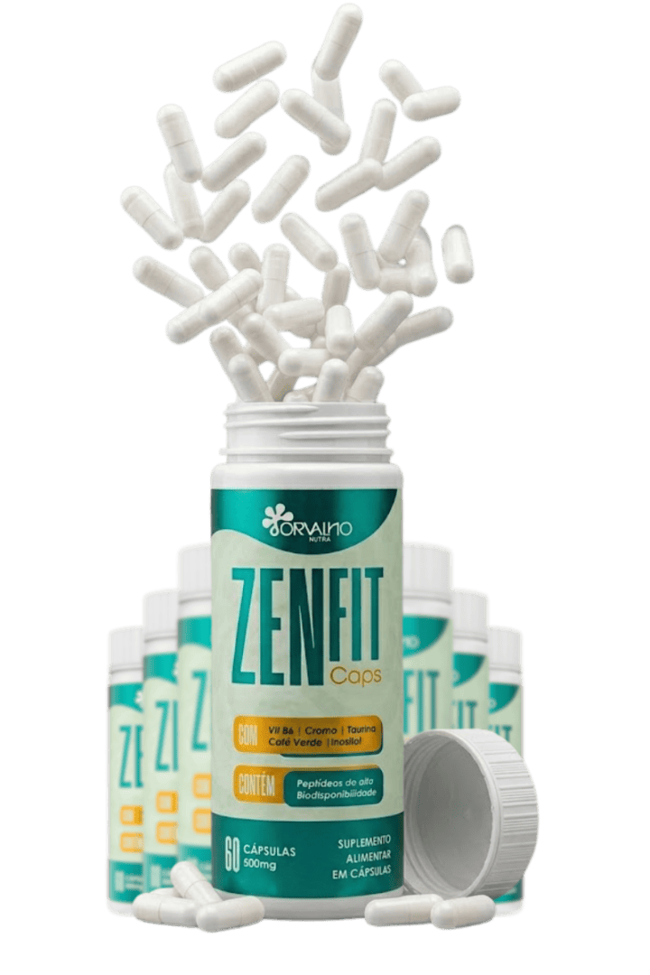 Frasco do suplemento Zenfit Caps da Orvalho Nutra com capsulas caindo, suplemento alimentar para emagrecimento